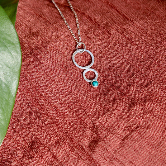 Hammered Sterling Silver Triple Circle and Turquoise Pendant Necklace - Handmade Jewelry