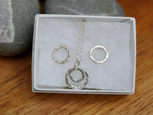 Handmade Hammered Sterling Silver Circle Stud Earrings and Necklace Set - Minimal Silver Jewellery